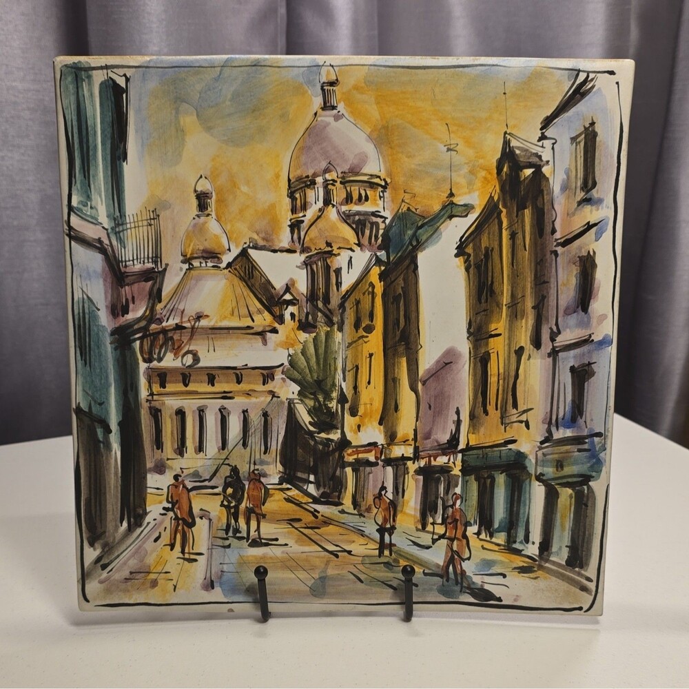 Vintage Marius Girard Watercolor Hand Painted Italian Ceramic Plate. Montmartre